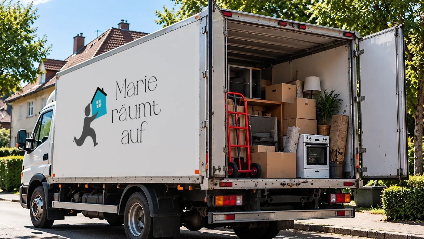 Marie-räumt-auf-Umzugswagen mit geöffneter Ladefläche, Original-Logo auf der Seitenwand