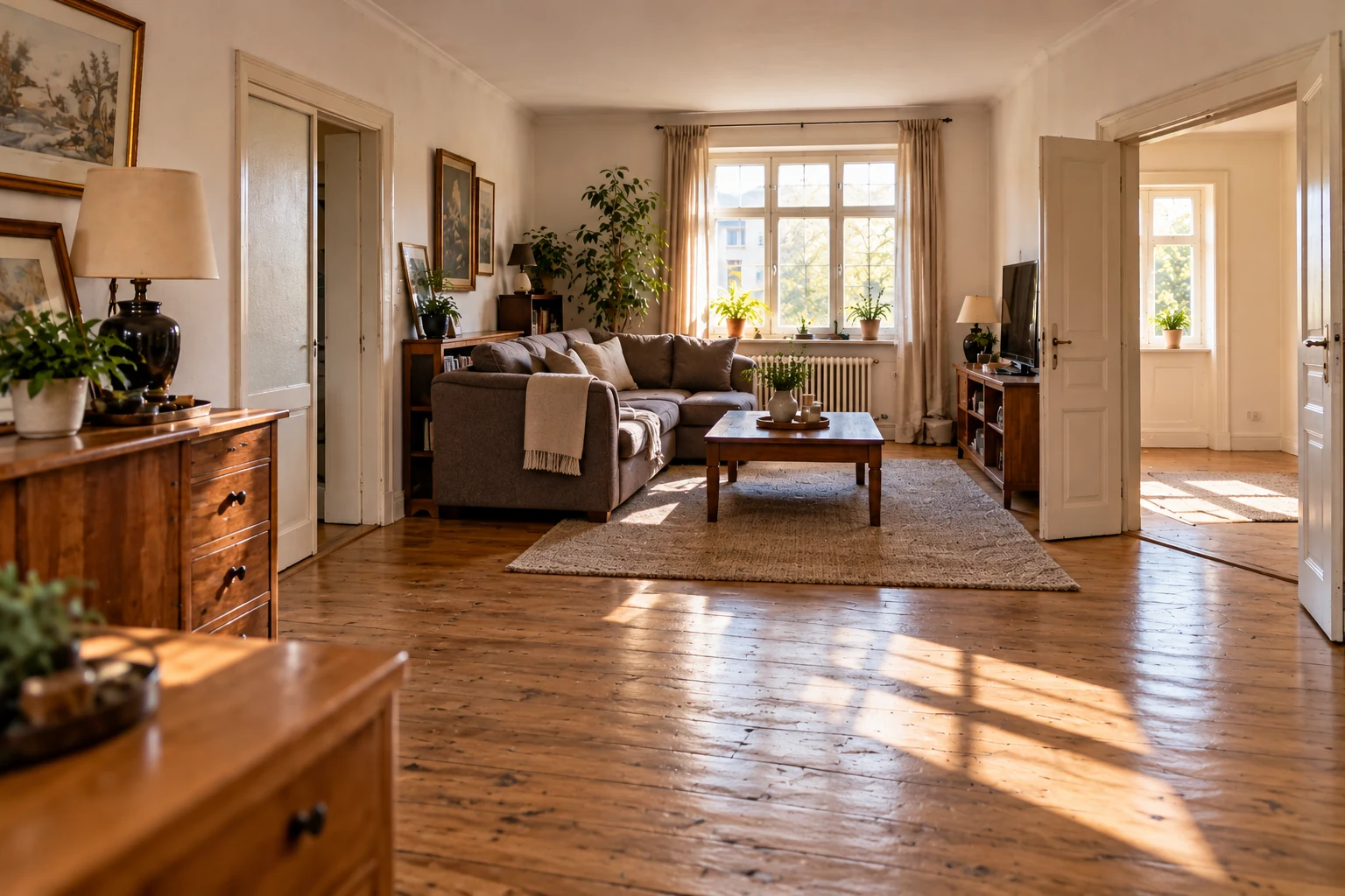 Aufgeräumtes Wohnzimmer im Sonnenlicht