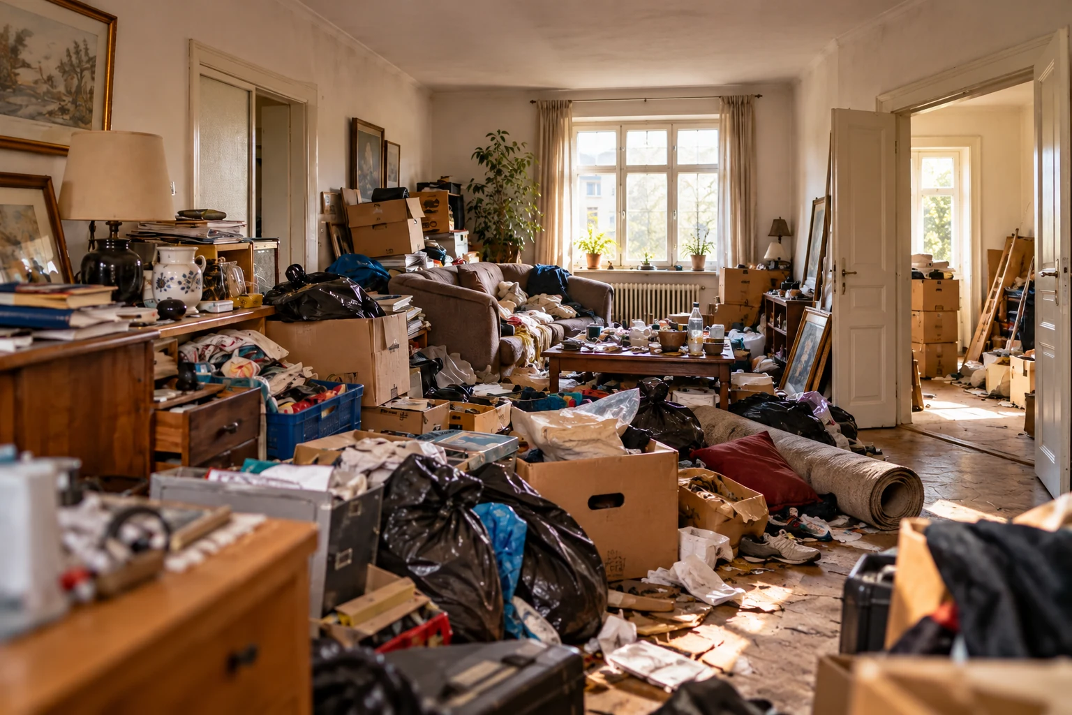 Überfülltes Wohnzimmer im Tageslicht
